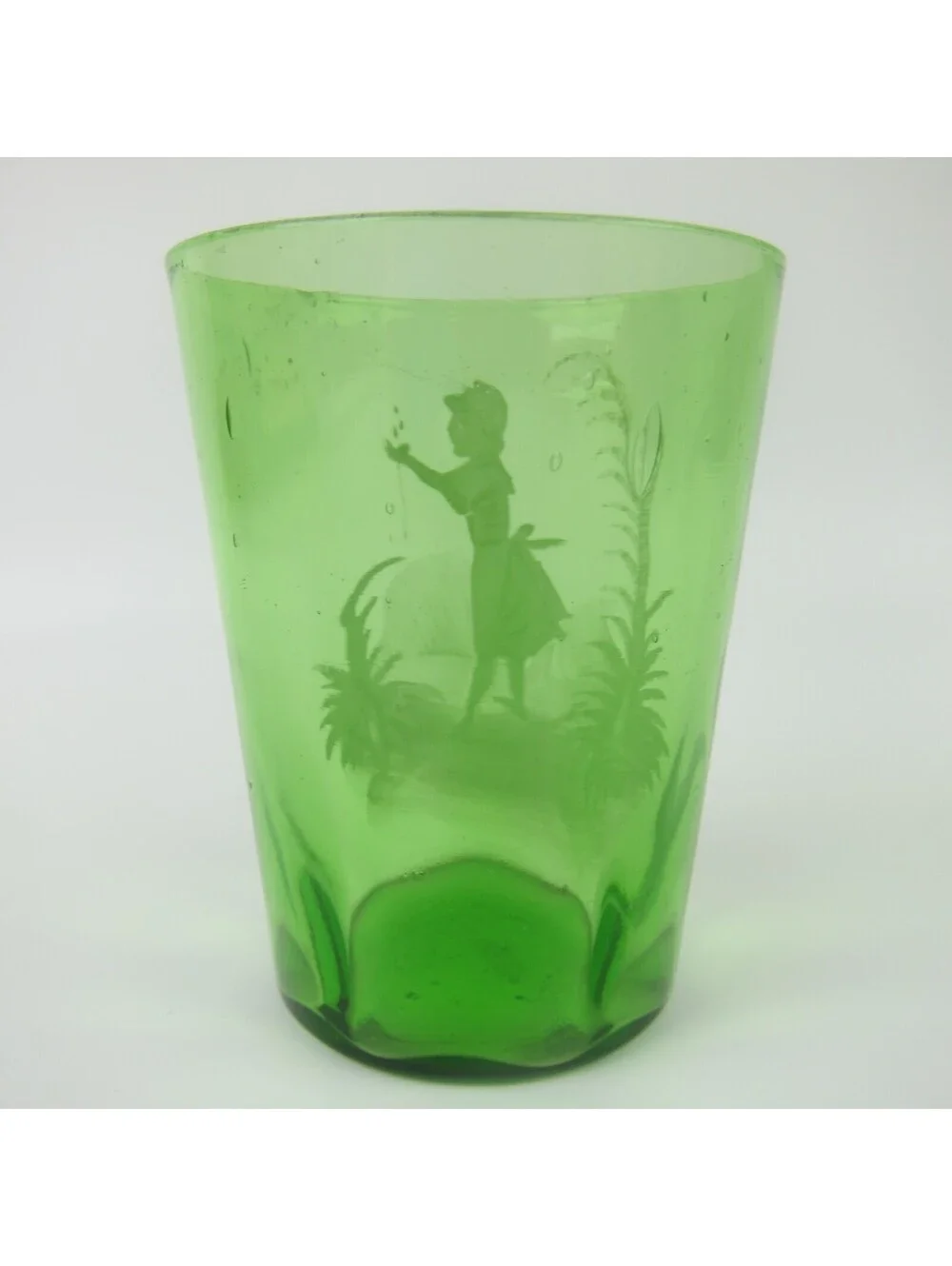 Antique Mary Gregory Green Drinking Glass Victorian Tumbler Girl Flowers 1890s
